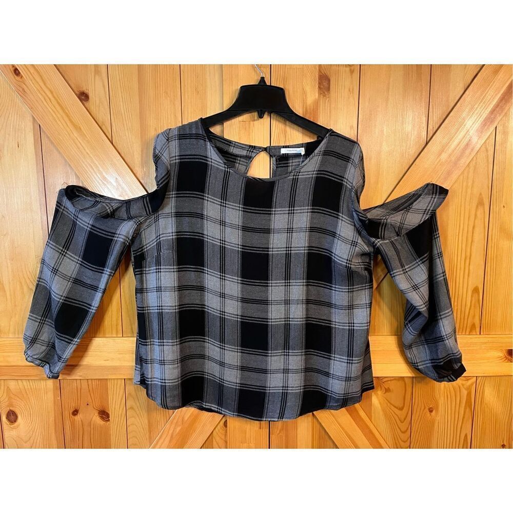 Maurices Black and Gray Plaid Cold-Shoulder Blouse